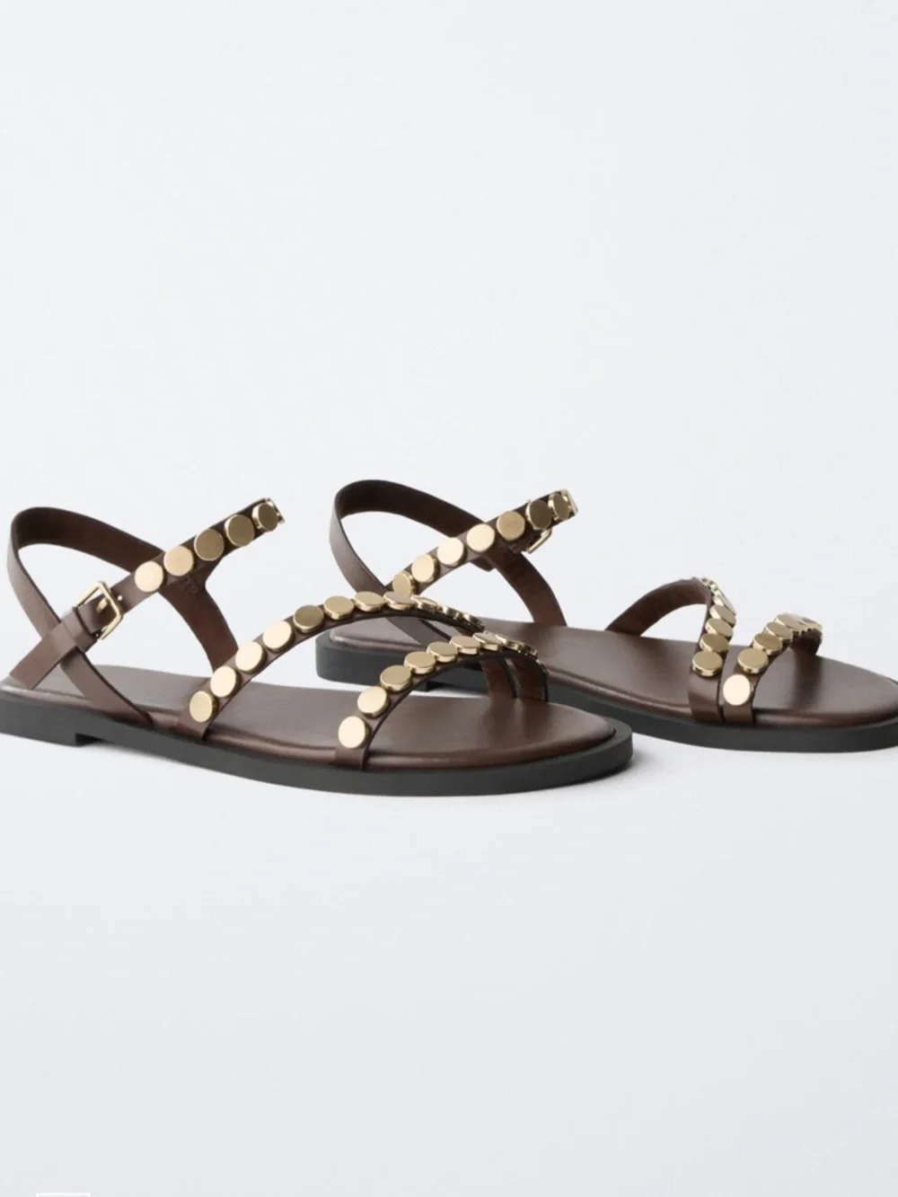 Zara Studded Strappy Sandals in Brown w/ Gold Rivets size 8 BRAND NEW never worn - Picture 3 of 6